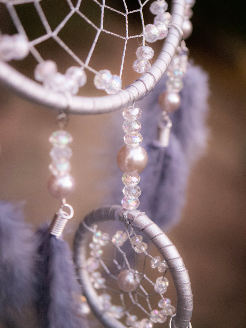 Tiva Silver Webbed Dreamcatcher With Purple Feathers & Clear Beads