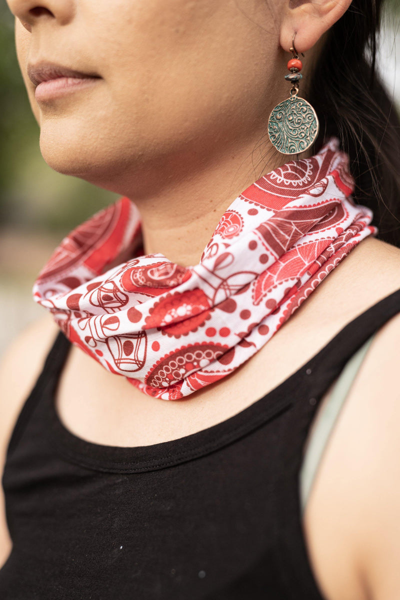 Tribal In Red Multifunctional Headband & Mask – Hair Wrap Bandana – Scrunch Headband – Yoga Headband - Pure Chakra