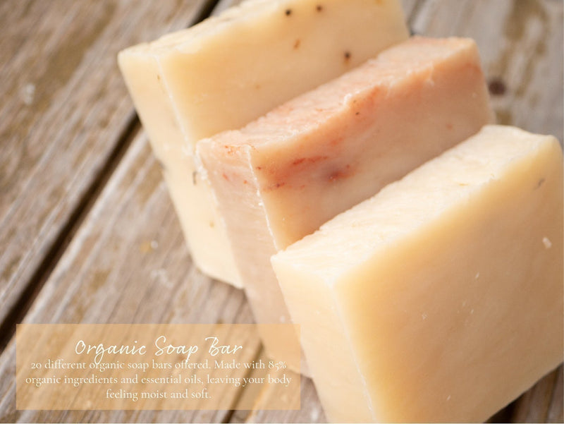 Organic Soap Bar: 20 different organic soap bars offered. Made with 85% organic ingredients and essential oils, leaving your body feeling moist and soft. Organic Natural Soaps from the Thinking of You Gift Box