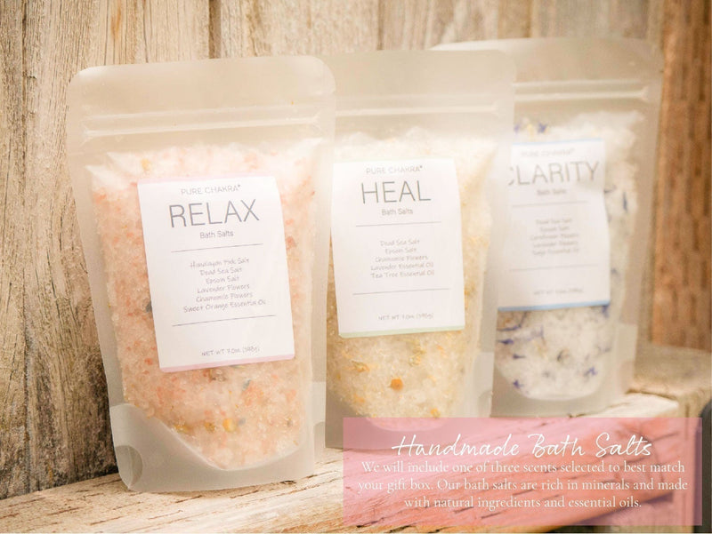Handmade Bath Salts: We will include one of three scents selected to best match your gift box. Our bath salts are rich in minerals and made with natural ingredients and essential oils. 3 Different Bath Salt varieties available for the Thinking of You Gift Box; Relax Bath Salts, Heal Bath Salts, Clarity Bath Salts