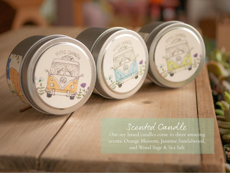 Scented Candle: Our soy based candles come in three amazing scents: Orange Blossom, Jasmine Sandalwood, and Wood Sage & Sea Salt. Candles with pastel hippie van designs printed on the lid, designed to match the Thinking of You Gift Box.