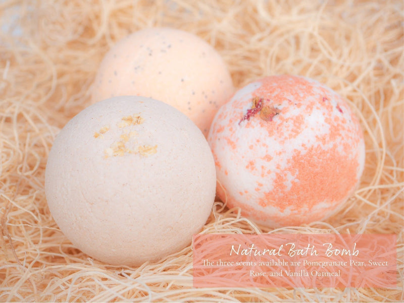 Natural Bath Bomb: The three scents available are Pomegranate Pear, Sweet Rose, and Vanilla Oatmeal. The pastel aesthetic and natural colored bathbombs available in the Thinking of You Gift Box.