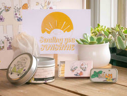 Sending you sunshine Succulent Gift Box with candle, custom matches, lavender sachet and lip balm, in front of a decorative gift box