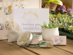 Sending You Sunshine Succulent Gift Box with candle, custom matches, lavender sachet and lip balm, in front of a decorative gift box