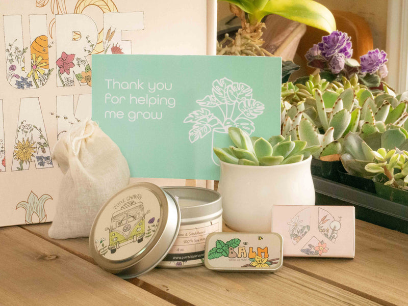 Thank you for helping me grow Succulent Gift Box with candle, custom matches, lavender sachet and lip balm, in front of a decorative gift box