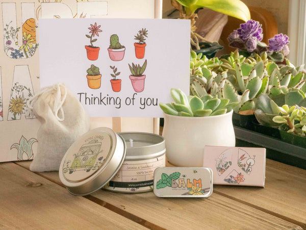 Thinking of You Succulent Gift Box with candle, custom matches, lavender sachet and lip balm, in front of a decorative gift box