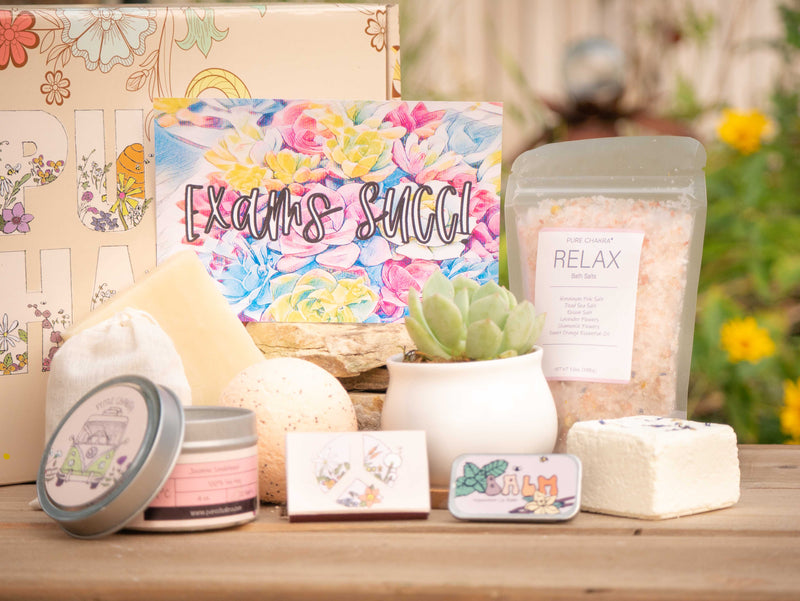 Exams succ! Succulent Gift Box with relax bath salt, natural soap, bath bomb, shower steamer, candle, custom matches, lavender satchet and lip balm, in front of a decorative gift box
