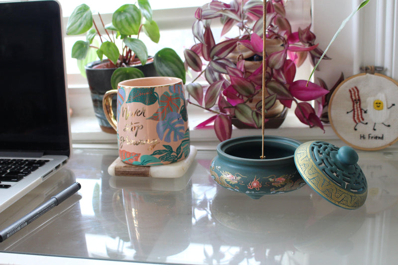 incense in plant pots Atman Teal Round Ceramic Painted Incense Bowl – Pure Chakra