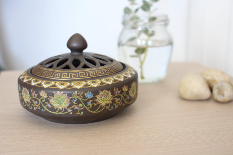Moksha Painted Ceramic Incense Bowl With Lid - Cone Incense Burner - Ash Catcher - Rope Incense Burner - Office Relaxation - Pure Chakra