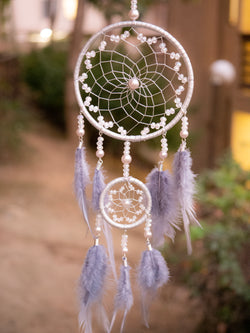 Tiva Silver Webbed Dreamcatcher With Purple Feathers & Clear Beads