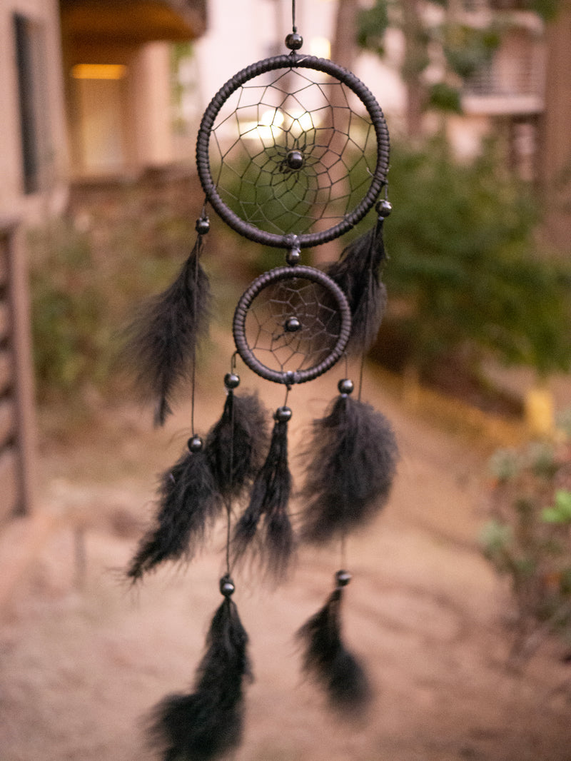 Noctis Midnight Black American Dreamcatcher Double Hooped with Downy Feathers