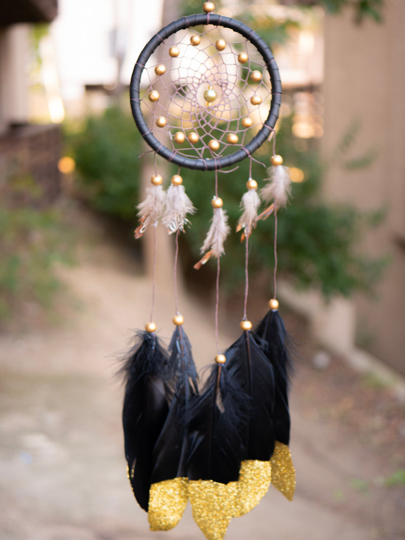 Catori Dark Gray American Dreamcatcher With Gold Beads and Black Feathers & Golden Tips