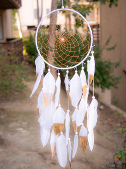 Halona White American Dreamcatcher With Gold Web and White Feathers & Golden Tips