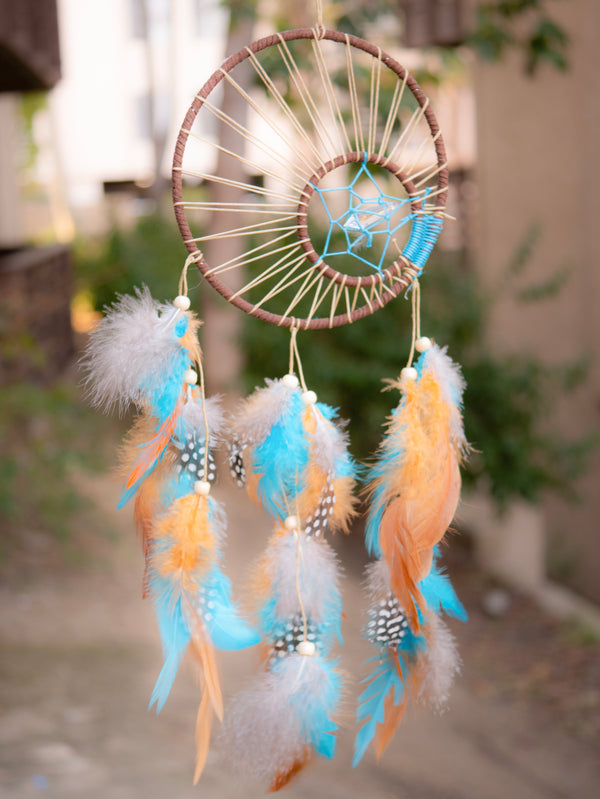 Enola Clear Crystal American Dreamcatcher With Brown & Blue Feathers