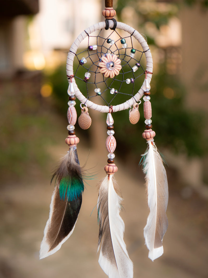 Aiyana Small Beige Dreamcatcher With Wooden Beads & Brown Feathers Tiny Space Decorations