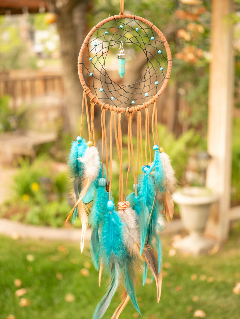 Brown Faux Leather Wrapped Blue and White Dream Catcher - Hippie