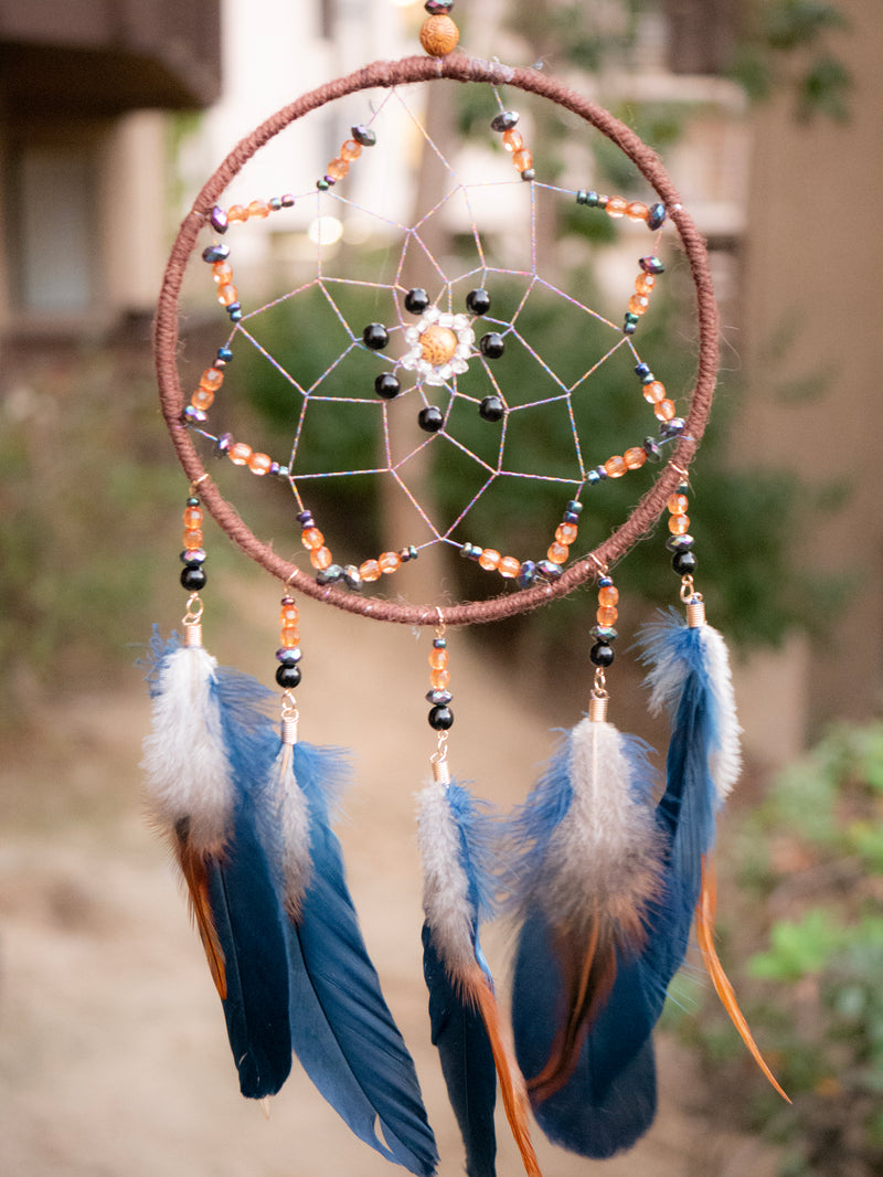 Bright Blue Feathered Native American Dream Catcher Dreamcatcher Wall Hanging