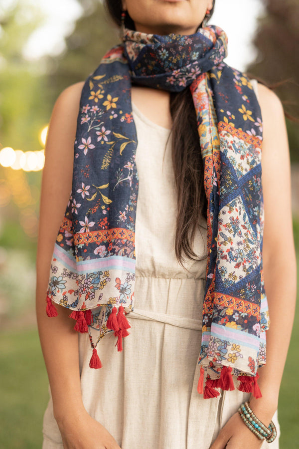 Wildflower Blue Floral Long Lightweight Scarf - Breathable Hip Scarf - Autumn Scarf - Rectangular Scarves - Pure Chakra
