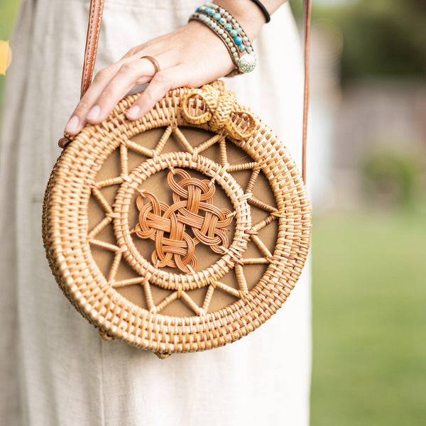 Happy Summer Day Round Straw Tote, Natural