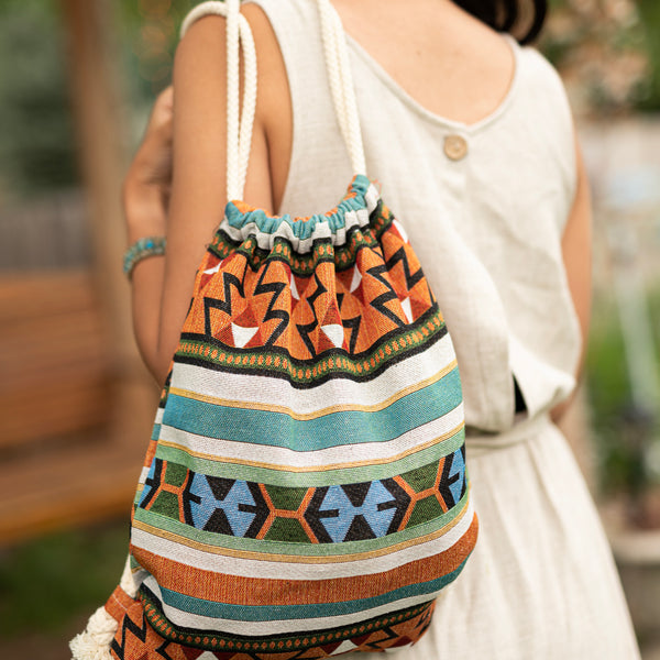 Mini Peruvian Tribal Print Drawstring Backpack - Lightweight Handmade Boho Bag With Adjustable Straps
