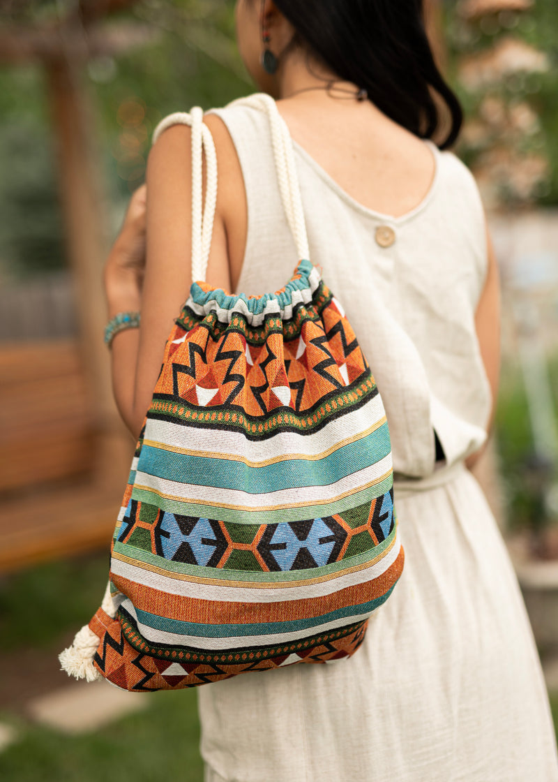 Native Cute Drawstring Backpack - Hobo Bag - Mini Backpack - Canvas Backpack - Hippie Bag & Purse