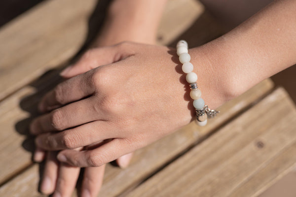 Celeste Buddha Hand White & Blue Round Natural Stone - Anxiety Bracelet - Stone Wrap - Supernatural Jewelry - Pure Chakra