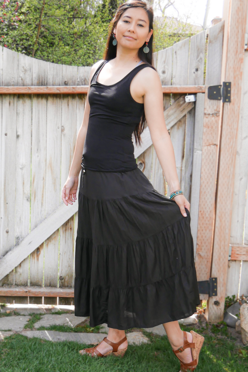 Amani In Simple Black - Bamboo Skirt - Tiered Skirt - Long Peasant Skirt - Hippie Skirt - Gypsy - Maxi Skirt - Pure Chakra