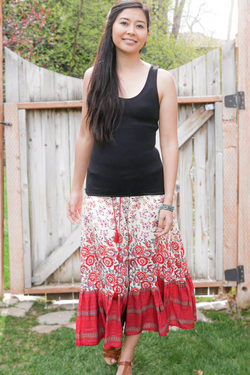 Red Floral Midi Skirt Skirt - Tiered Long Peasant Skirt - Hippie Skirt - Gypsy Skirt - Maxi Skirt - Pure Chakra