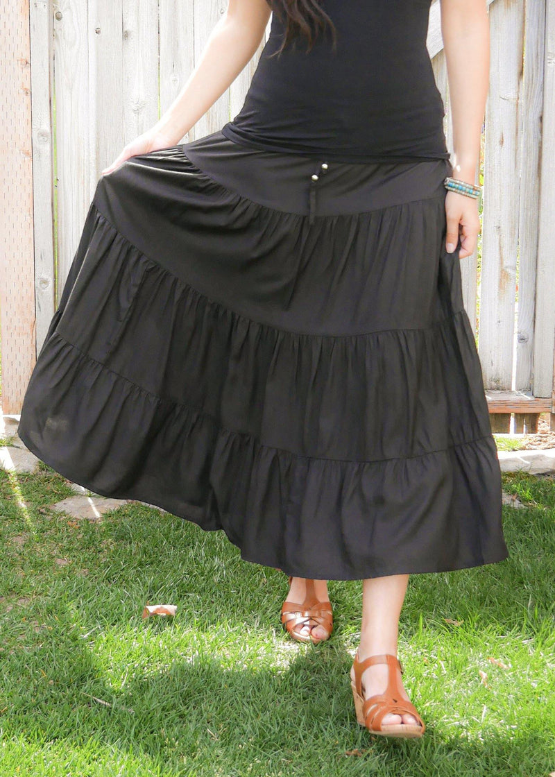 Amani In Simple Black - Bamboo Skirt - Tiered Skirt - Long Peasant Skirt - Hippie Skirt - Gypsy - Maxi Skirt - Pure Chakra