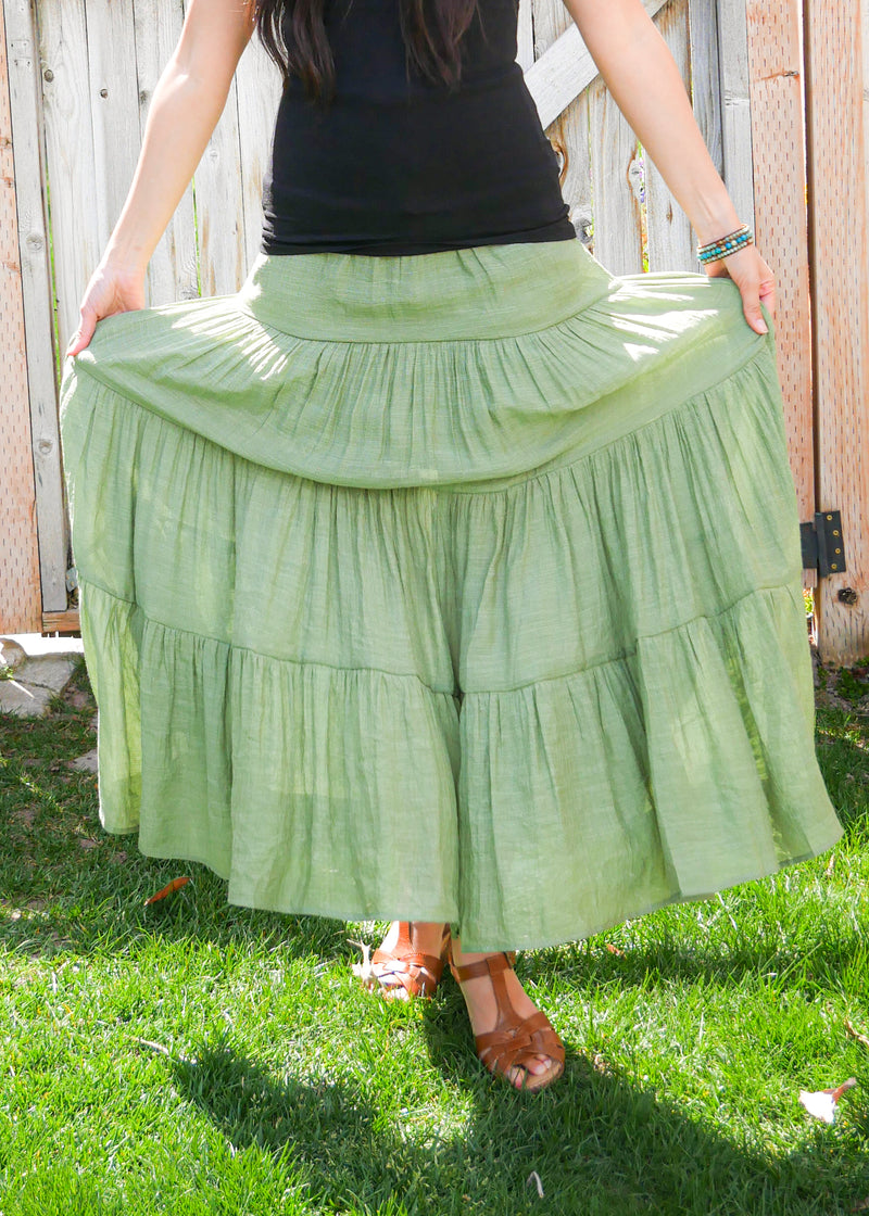 Women's Green Tiered Long Midi Skirt - Pilgrim Peasant Hippie Skirt - Gypsy Skirt - Maxi Skirt