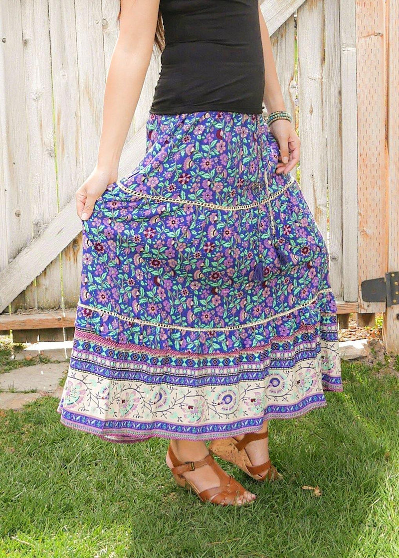 Blue Violet Floral Midi Skirt Skirt - Tiered Long Peasant Skirt - Hippie Skirt - Gypsy Skirt - Maxi Skirt - Pure Chakra