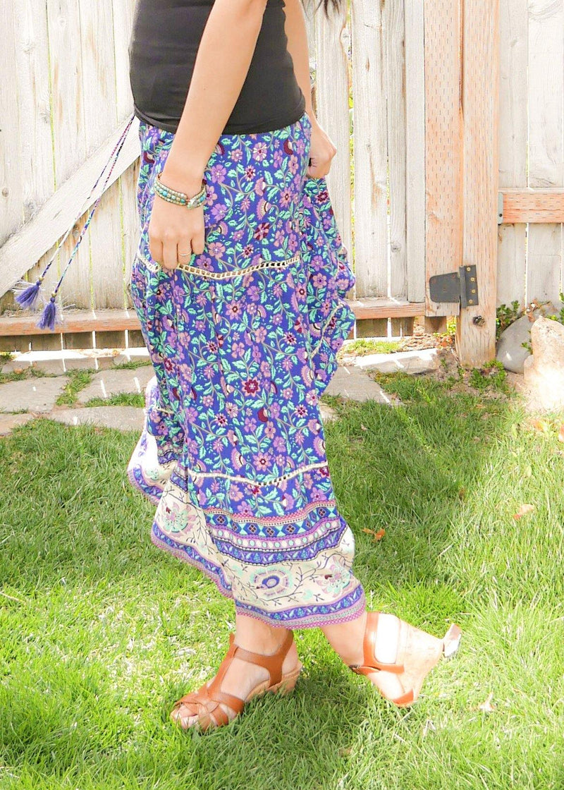 Blue Violet Floral Midi Skirt Skirt - Tiered Long Peasant Skirt - Hippie Skirt - Gypsy Skirt - Maxi Skirt - Pure Chakra