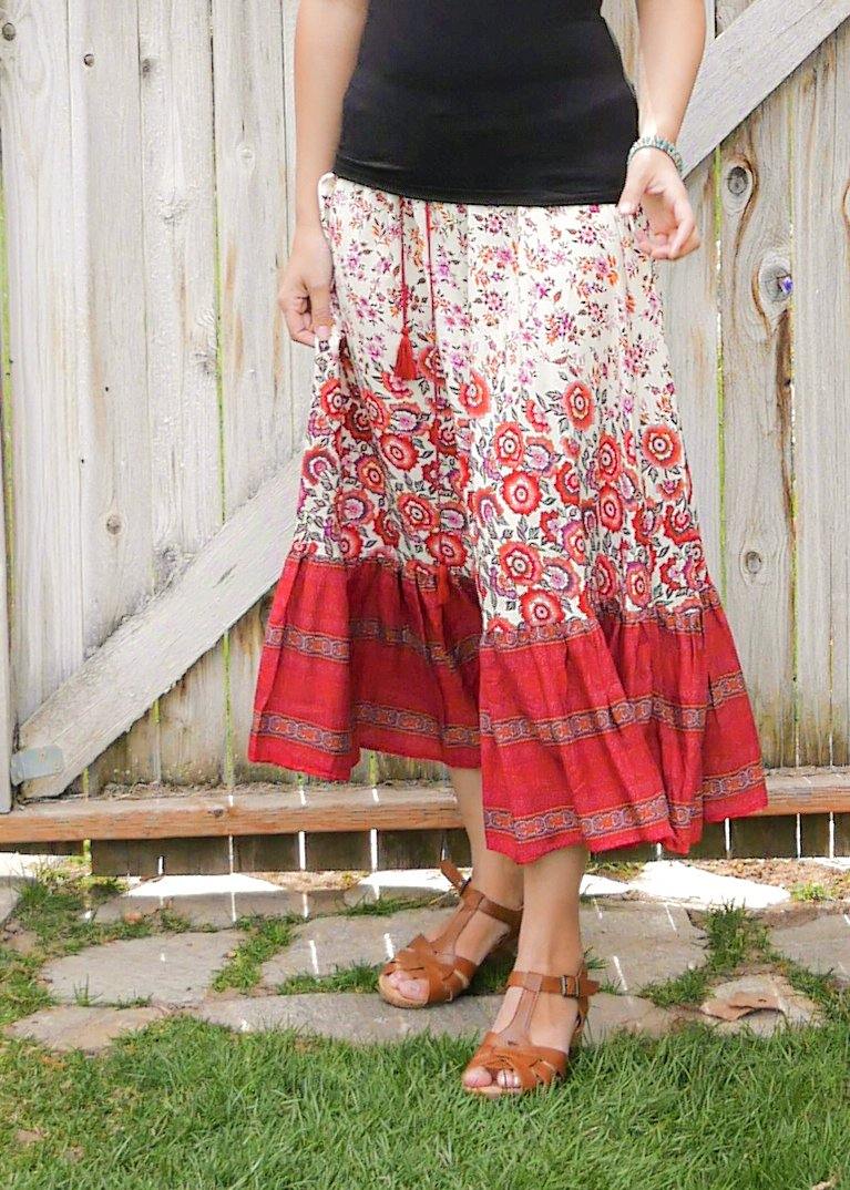 Red Floral Midi Skirt Skirt - Tiered Long Peasant Skirt - Hippie Skirt - Gypsy Skirt - Maxi Skirt - Pure Chakra