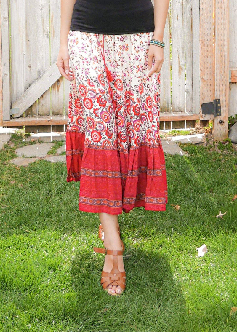 Red Floral Midi Skirt Skirt - Tiered Long Peasant Skirt - Hippie Skirt - Gypsy Skirt - Maxi Skirt - Pure Chakra