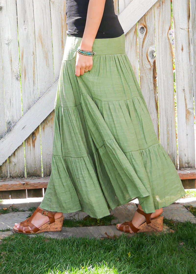 Women's Green Tiered Long Midi Skirt - Pilgrim Peasant Hippie Skirt - Gypsy Skirt - Maxi Skirt