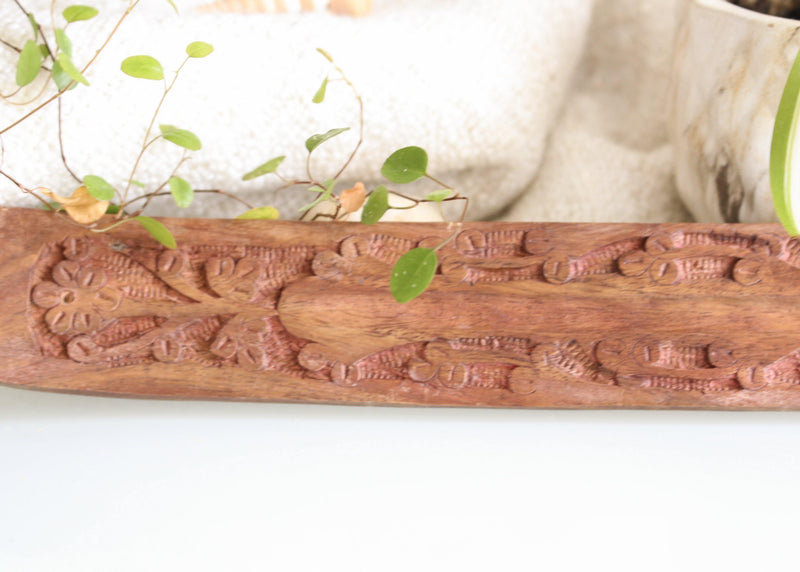Sheesam Wood 10" Carved Wooden Incense Burner - Incense Stick Burner - Incense Ash Catcher - Brown - Pure Chakra