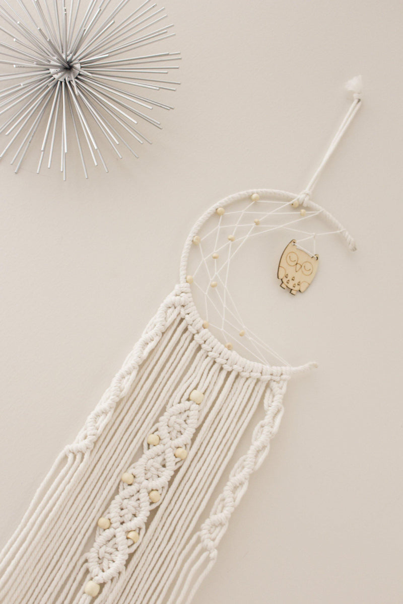 Otus Cute Owl & Crescent Moon Kids Long Cotton Macrame Wall Hanging Moon Tapestry - Pure Chakra
