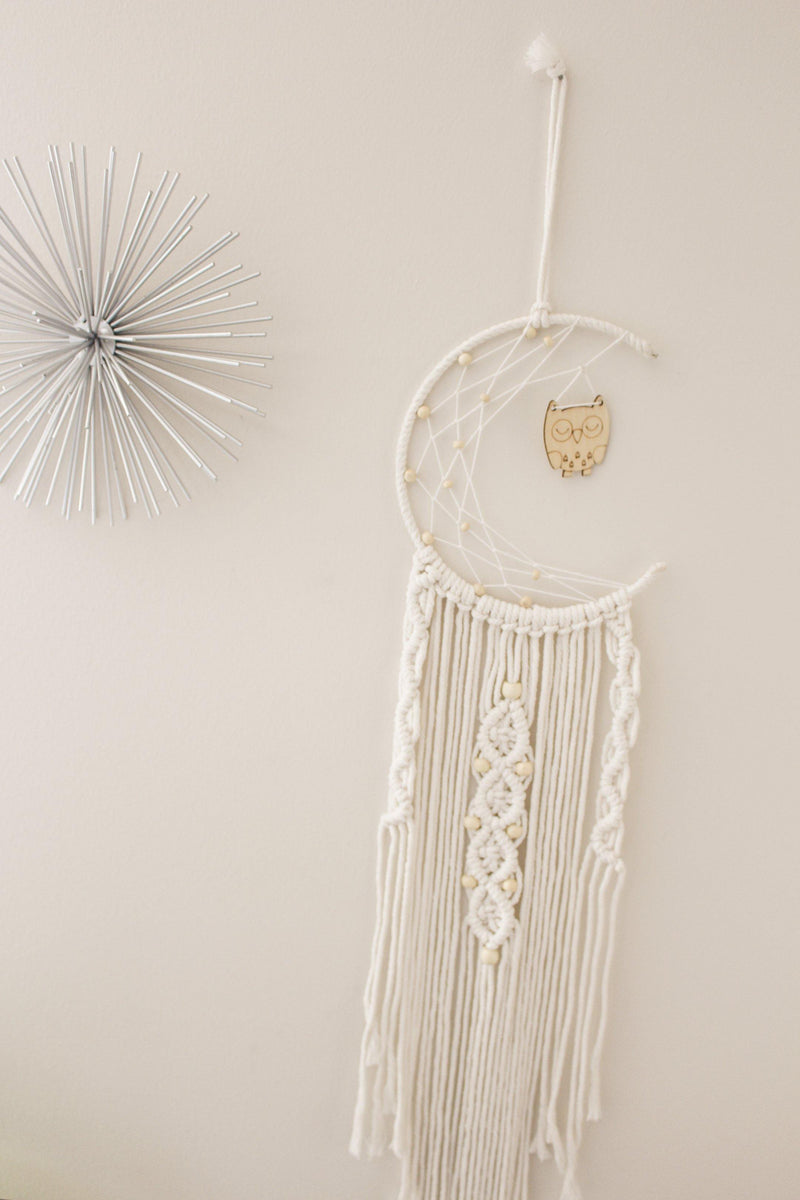 Otus Cute Owl & Crescent Moon Kids Long Cotton Macrame Wall Hanging Moon Tapestry - Pure Chakra