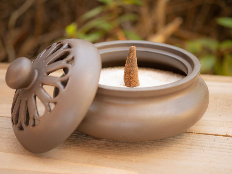 Om Mani Brown Round Ceramic Incense Burning Bowl